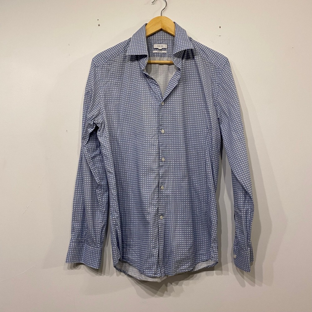 Reiss Mens Slim Fit Long Sleeve Button Down Shirt Blue Geometric Hexagon Large